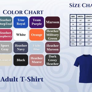 May include: A color chart and size chart for an adult t-shirt. The color chart displays various colors, including red, navy, and black. The size chart shows measurements in inches for width, length, and sleeve length. A blue t-shirt is shown.
