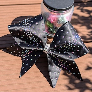 Black Burst Satin Cheer Bow with AB Rhinestones, Allstar Cheerleading Hair Bow