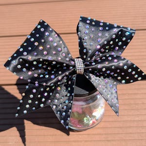 Black Striped Satin Cheer Bow with AB Rhinestones, Allstar Cheerleading Hair Bow