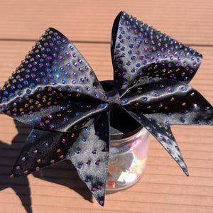Black Scatter Satin Cheerleading Bow with Siam AB Rhinestones, Allstar Cheer Hair Bow