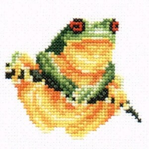 May include: Cross-stitch pattern of a green and yellow frog with red eyes sitting on a yellow lily pad.