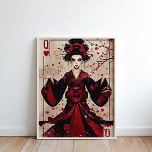 ユニークな芸者トランプウォールアート - ゴシック大学寮のカスタムジャパンディ装飾、ジャパンディアート、ゴシック装飾、ゴシックウォールアート、芸者プリント