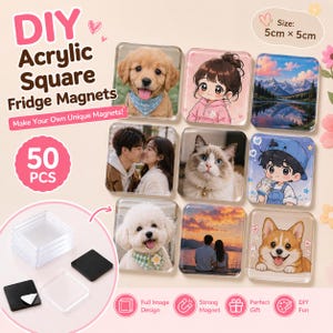 Może przedstawiać: Zestaw magnesów na lodówkę DIY, kwadratowych, akrylowych, 5cm x 5cm, z różnymi obrazami, w tym szczeniakiem, postaciami z anime, krajobrazem, parą, kotem i corgi. Zestaw zawiera 50 sztuk, motyw DIY.