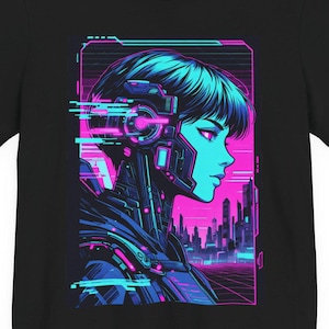 Camiseta androide femenina cyberpunk / Ciudad retro futurista neón