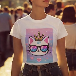 Cat Crown Sunglasses T-Shirt | Pastel Hearts Gradient Graphic Tee