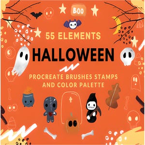 Halloween Procreate Brushes & Stamps | 55 Elements + Color Palette