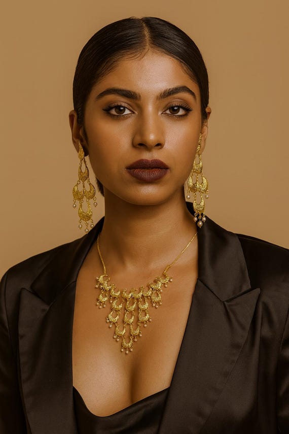Royal Crescent Cascade Necklace Set – Copper Base with 24K Gold Plating & Pearl Drops