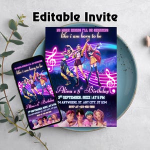KPOP Demon Hunters Birthday Invitation, Kpop Anime Invite, Huntrix Invitation, Editable Canva Template, Printable Birthday Card for Kids