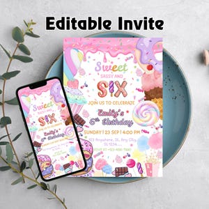 Sweet Sassy and Six Birthday Invitation, Sweet Six Invite, Donut Dessert Candy Party, 6th Birthday Girl Editable Printable Template