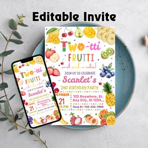 Twotti Frutti Invitation, 2nd birthday invitation, Two-tti Frutti Birthday Invitation, Fruits Summer Invitation, Editable Canva