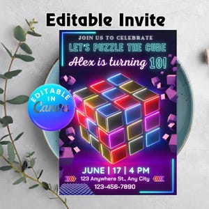 Bewerkbare puzzelkubus-feestuitnodiging, Rubik-thema kinderverjaardagskaart, kleurrijke retro game-uitnodiging, afdrukbare sjabloon voor elke leeftijd, Instant Canva