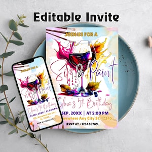 Sip and Paint Party Invitation, Editable Paint & Sip Party Invite, Wine and Paint Birthday Invite, Digital Sip and Paint Invitation