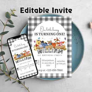 Winnie the Pooh 1st Birthday Invitation Classic Pooh Birthday Invite Vintage Winnie the Pooh Characters First Birthday girl Boy Invite Canva