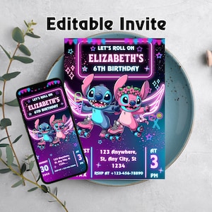 May include: A birthday invitation with a neon design featuring two cartoon characters on roller skates. The invitation includes the text "LET'S ROLL ON ELIZABETH'S 6TH BIRTHDAY" and event details. A smartphone displays a similar design.