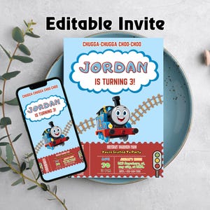 Invito di compleanno modificabile a tema Thomas The Tank Engine / Modello digitale Canva stampabile per invito alla festa / Tema del treno di compleanno per bambini
