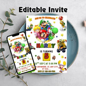 Editable Super Mario Birthday Invitation, Kids Super Mario Birthday Invite, Printable Mario Invitation Canva Template, Boys Birthday Party