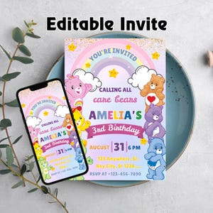 Care Bears Birthday Invitation, Printable Editable Birthday Party Invite,Party Invitation template, Care Bears Invitation Card, EDITABLE AGE