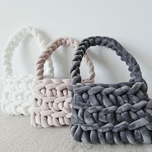 Velvet Square Shoulder Bag — Medium Size Handmade Bag with Yarn Strap | Crafted with Soft Chunky Yarn | Includes Inner Liner & Dust Bag