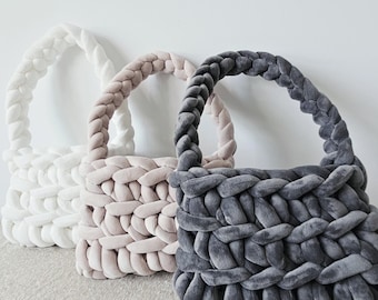 Handmade Velvet Knit Shoulder Bag: Chunky Yarn Strap, Vegan