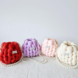Mini Handmade Chunky Velvet Bag with Pearl Strap – Crossbody/Shoulder or Wristlet/Top Handle (Strap Options) | Multiple Colors | Dust Bag
