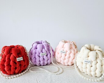 Mini Handmade Chunky Velvet Bag with Pearl Strap – Crossbody/Shoulder or Wristlet/Top Handle (Strap Options) | Multiple Colors | Dust Bag