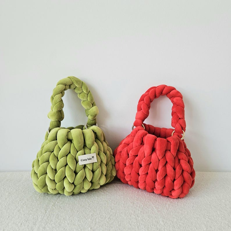 Handmade Chunky Velvet Top-Handle Bag — Casual Hand-Knitted Handbag with Yarn Strap | Inner Liner & Satin Dust Bag Included image 2
