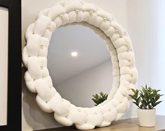 Velvet Frame Round Wall Mirror: Pearl Accents, Elegant Home Decor