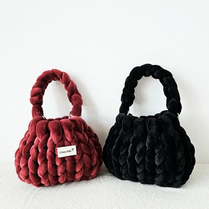 Handmade Chunky Velvet Top-Handle Bag — Casual Hand-Knitted Handbag with Yarn Strap | Inner Liner & Satin Dust Bag Included image 4