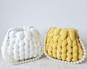 Handmade Velvet Bag with Pearl Strap: Vegan Crossbody or Wristlet