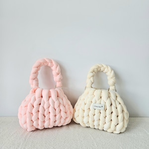 Handmade Chunky Velvet Top-Handle Bag — Casual Hand-Knitted Handbag with Yarn Strap | Inner Liner & Satin Dust Bag Included image 1