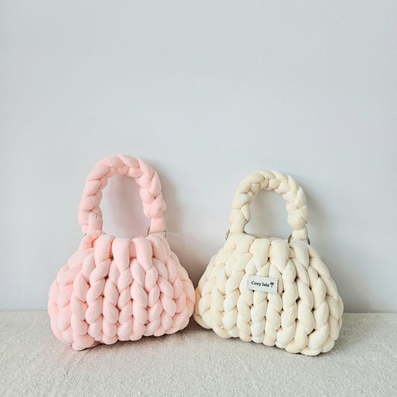 Handmade Chunky Velvet Top-Handle Bag — Casual Hand-Knitted Handbag with Yarn Strap | Inner Liner & Satin Dust Bag Included