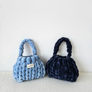 Handmade Chunky Velvet Top-Handle Bag — Casual Hand-Knitted Handbag with Yarn Strap | Inner Liner & Satin Dust Bag Included image 3