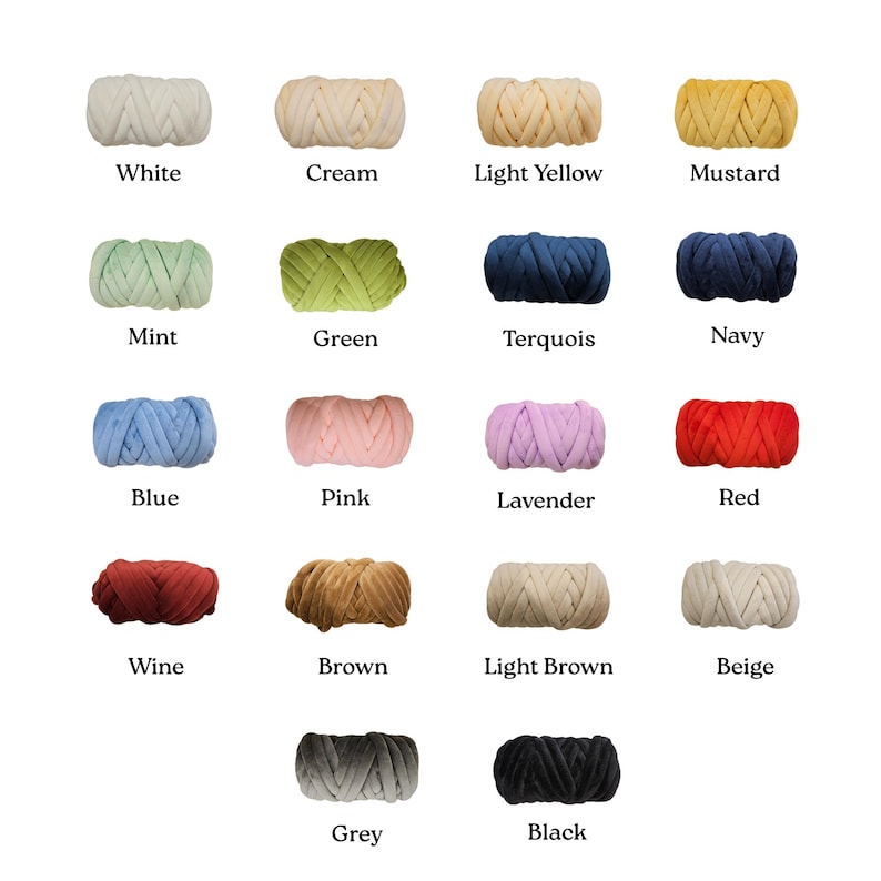 May include: A collection of 16 yarn balls in various colors, including white, cream, light yellow, mustard, mint, green, turquoise, navy, blue, pink, lavender, red, wine, brown, light brown, beige, grey, and black.