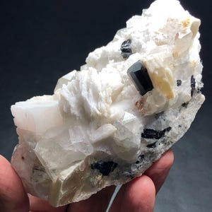 May include: A cluster of white and clear quartz crystals with black tourmaline crystals. The quartz crystals are translucent and have a variety of shapes and sizes. The tourmaline crystals are black and shiny.