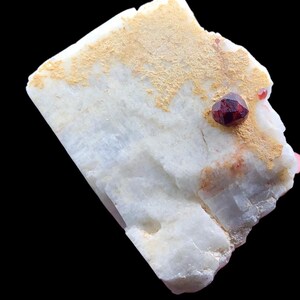 May include: A white mineral specimen with a rough texture, featuring a small, deep red gemstone. The mineral has patches of tan and orange hues. The background is solid black.
