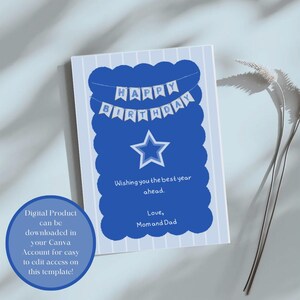 Blauwe Happy Birthday-sjabloon downloadbaar en bewerkbaar, Blue Star-verjaardagskaart, digitale sjabloon verjaardagskaart voor elke leeftijd