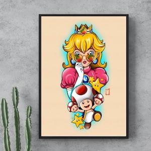 Póster de la Princesa Peach y Toad, arte mural, póster de anime, arte imprimible, descarga digital
