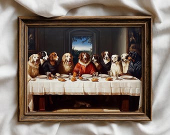 Peinture à l'huile de la dernière cène de chien drôle : art vintage de portrait d'animal de compagnie (téléchargement numérique)