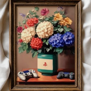 May include: A framed painting depicts a vibrant floral arrangement in a green vase with a PlayStation logo. Two game controllers rest on a wooden surface in front of the vase. The flowers are in shades of red, white, blue, and yellow.