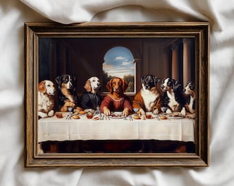 Peinture à l'huile de la dernière cène de chien drôle : art vintage de portrait d'animal de compagnie (téléchargement numérique)