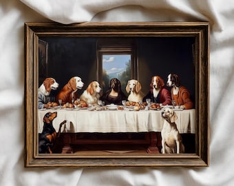 Peinture à l'huile de la dernière cène de chien drôle : art vintage de portrait d'animal de compagnie (téléchargement numérique)