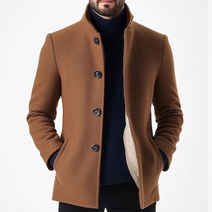 Mens Wool Coat Classic Overcoat Thigh-length Stand Collar Warm Jacket Versatile Modern Winter Woolen Coat For Men