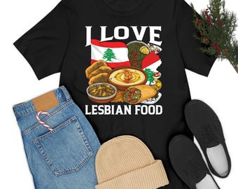 Divertente maglietta contraffatta "Amo il cibo lesbico", meme sul cibo libanese, per uomini e donne