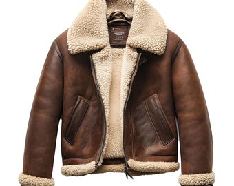 Puede incluir: Una chaqueta bomber de cuero marrón con cuello y forro de piel de oveja. La chaqueta tiene cierre de cremallera y dos bolsillos.