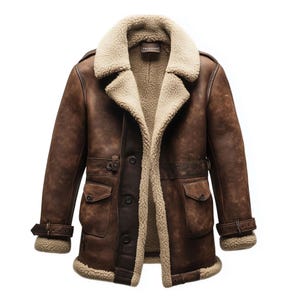 Shearling Brown Leather Coat Genuine Sheepskin Fur Leather B3 Bomber Leather Modern Coat Aviator Jacket For Men