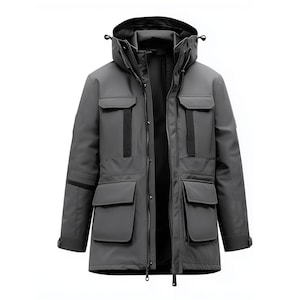 Mens Parkas Jacket Classic Parka Thigh-length Nylon Front Pockets Luxurious Removable Hood Winter Coat Grey Warm Parka Jackets