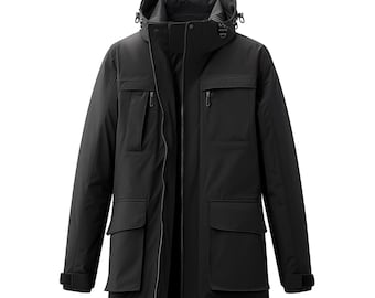 Mens Parkas Jacket Classic Black Parka Thigh-length Nylon Front