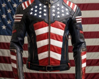 Mens USA Flag Jacket Biker Style Genuine Leather Jacket Inspired by American Flag USA Casual Motorcycle Zipper Coat With USA Flag Stitched