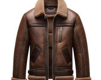 May include: A brown leather bomber jacket with a shearling collar and lining. The jacket has a zipper closure, two flap pockets, and a belt at the waist.