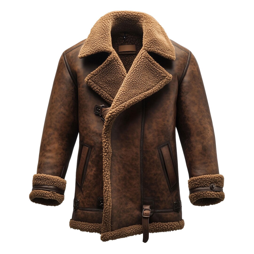 Giacca In Pelle Aviator B3 Uomo - Cappotto RAF Shearling Marrone Scuro Con Pelliccia - Foto 3